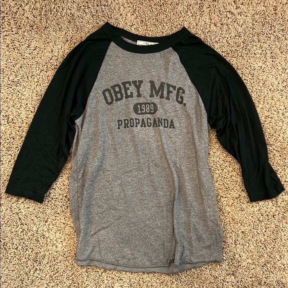 Obey MFG Gray and Black Raglan Shirt